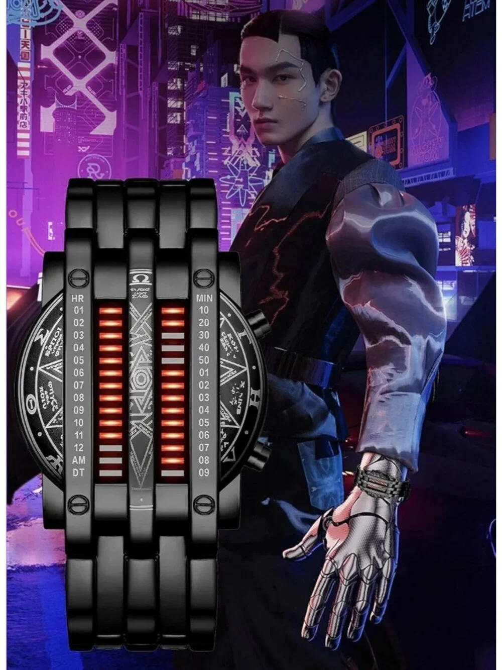 Mens Black Red Analog Quartz Bracelet Waterproof Binary Matrix LED Digital Watch